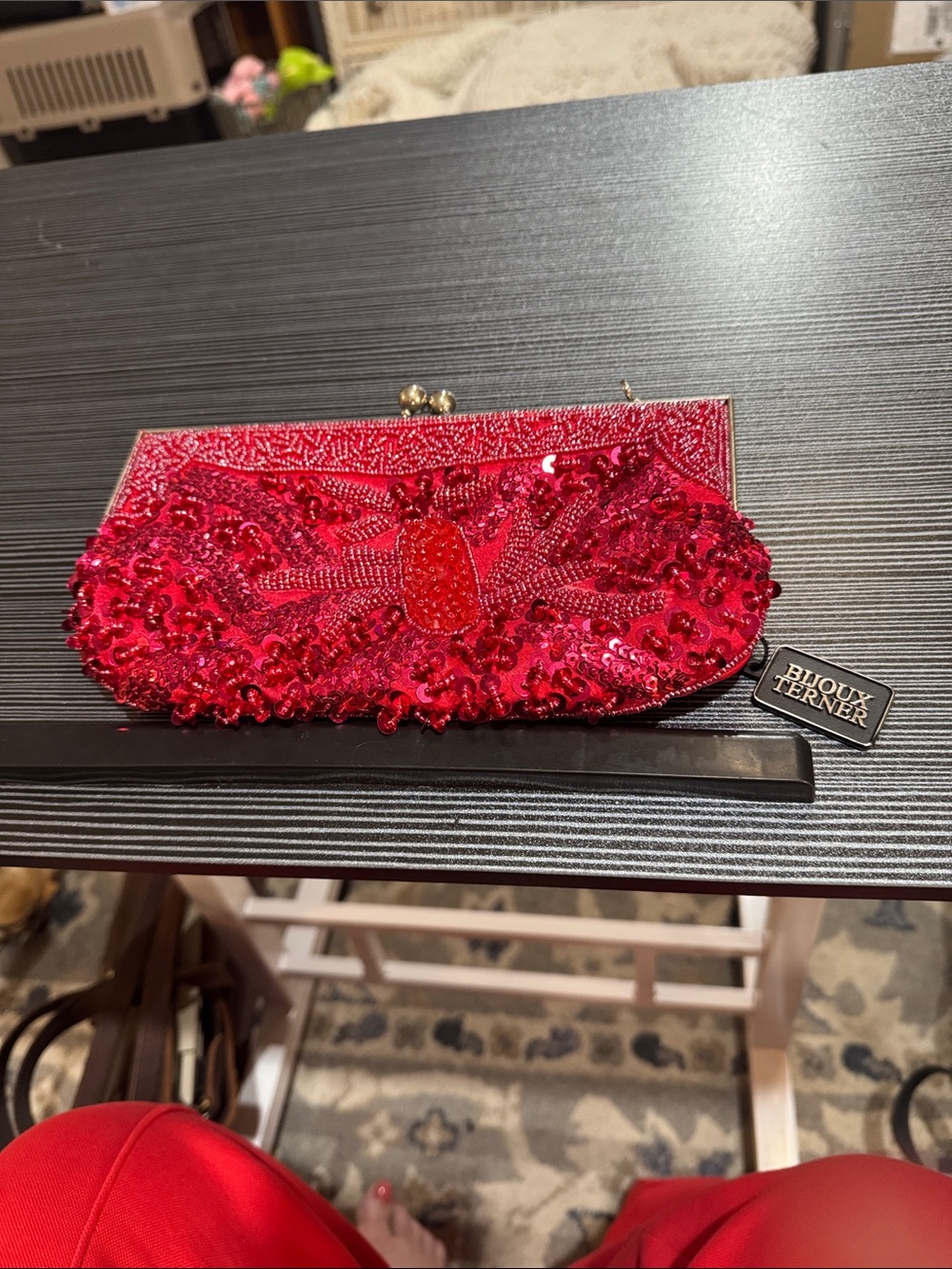 Bijoux Terner Hot Pink Sequin Evening Clutch with Silver Chain